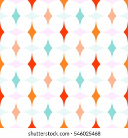 Abstract geometric pattern with orange, blue, and pink curved diamonds on white background. Vector seamless repeat.
