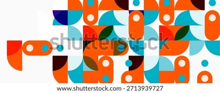 Abstract geometric pattern. Orange, turquoise, maroon shapes overlap. Clean design, modern aesthetic, simple composition.