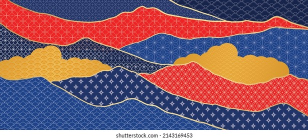 Abstract geometric pattern in oriental style background. Elegant mountain wallpaper with cloud and sea wave in Japanese and Chinese line art. Suitable for cover, banner, decoration, poster, fabric.