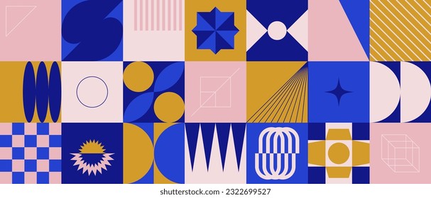 Abstract geometric pattern. Ornamental mosaic elements, simple forms geometry shapes minimal square tiles. Vector background