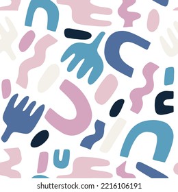 Abstract geometric pattern with ovals, arches, combs in blue, pink, black and white.
