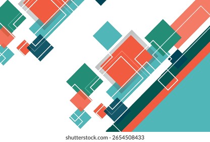 Padrão Geométrico Abstrato com Quadrados Sobrepostos em Laranja, Azul-petróleo, Azul-piscina e Marinha em um Fundo Branco. Ideal para os temas de negócios, tecnologia e design moderno.
