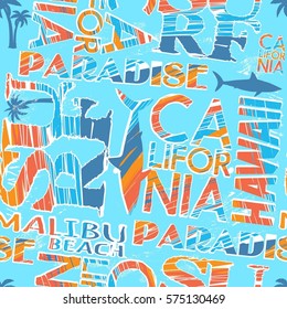 abstract geometric pattern with palm trees, sharks, with the words: california, malibu, hawaii. Tender colors. Fashion print for t-shirts, print, poster, banner, postcard. creative and modern  design 