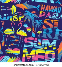 abstract geometric pattern with palm trees, sharks, flamingo, with the words:summer, hawaii. Tender colors. Fashion print for t-shirts, print, poster, banner, postcard. creative and modern  design 