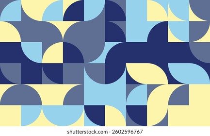 Abstract geometric pattern with pastel blue, navy, and pale yellow semicircles and squares.  Modern, minimalist design ideal for website backgrounds, presentations, or textile prints.