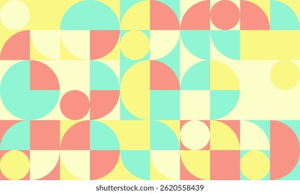 Padrão geométrico abstrato com círculos e quadrados pastéis.  Ideal para fundos modernos, designs de sites ou gráficos de mídia social.
