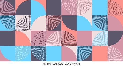 Abstract geometric pattern pastel color palette with various dotted and lined semi circles in a grid