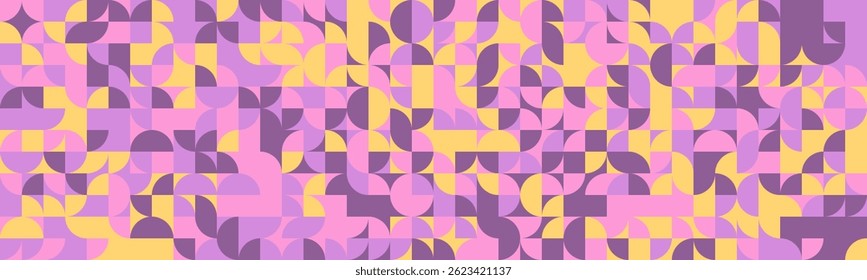 Padrão geométrico abstrato.  Os semicírculos e quadrados rosa pastel, roxo e amarelo criam um design vibrante e moderno. Perfeito para fundos, banners de site ou impressões têxteis.