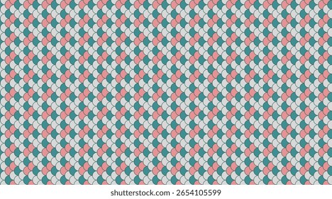 Abstract geometric pattern with pastel pink and teal overlapping scales.  Perfect for website backgrounds, textile designs, or as a vibrant, visually appealing texture.
