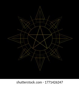 
Abstract geometric pattern with a pentagram. Gold on a black background.