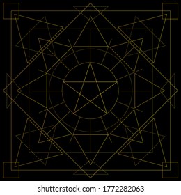 Abstract geometric pattern with a pentagram. Gold on a black background.
