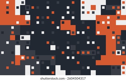 Abstract geometric pattern of pixelated squares in shades of orange, white, and gray on a dark background.  Ideal for tech, design, or modern presentations.
