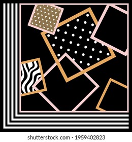 Abstract geometric pattern with polka dots, striped backgrounds. Vector patch for print, fabric, scarf design.
