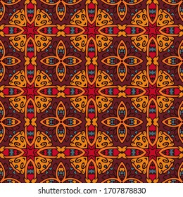 Abstract geometric pattern. Print, cloth design, wallpaper. Vector seamless in red, brown, orange and blue.