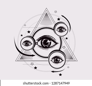 Abstract geometric pattern. Pyramid with all seeing eyes and round, arrows, stars. Stylized emblem for tattoo art, print t shirt. To be used for coloring book pages. Esoteric symbol of God providence.