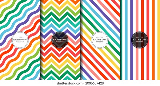 Abstract geometric pattern with the rainbow curve combination set. Horizontal and zigzag stripes wallpaper. Brochure cover template colorful collection. Rainbow background vector.