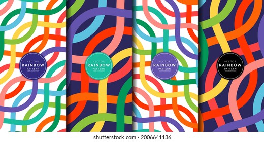 Abstract geometric pattern with the rainbow lines combination set. curve, striped, wrapping paper, fabric, wallpaper. Brochure cover template colorful collection. Rainbow background vector.