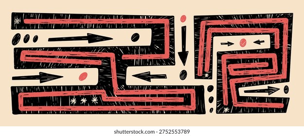Abstract geometric pattern. Red black crayon drawn set. Maze naive scribble background. labyrinth tribal ornament decorative backdrop. Naive chalk pastel rectangles figures. Vector bg horizontal.