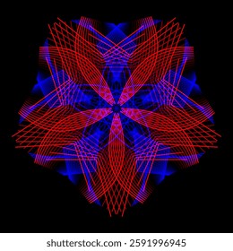 Abstract geometric pattern with red and blue neon lines on a black background. Optical illusion of chromostereopsis creating a sense of depth. Perfect for futuristic and digital designs.