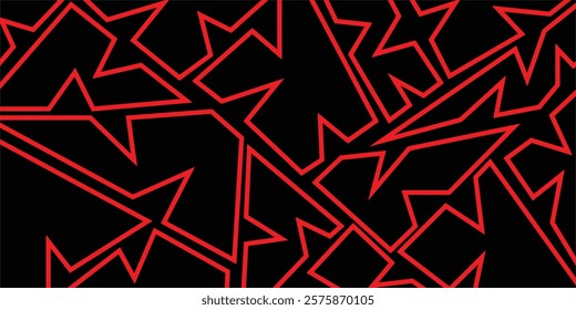 Abstract geometric pattern. Red lines create sharp, angular shapes against a black background. Perfect for modern designs, backgrounds, or textiles. Seamless repeat.