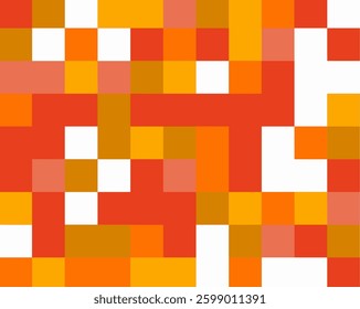 Abstract geometric pattern with red, orange, yellow, brown, and white square shapes. 