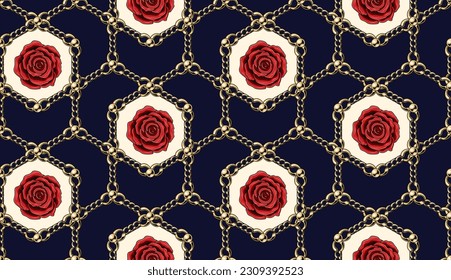 Abstract geometric pattern with red roses, hexagons, golden realistic jewelry chains, beads on dark blue background. Vintage geometric backdrop. Classic elegance design.