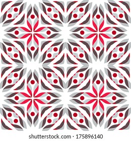Abstract geometric pattern in red-grey-brown colors, with waves and dots. Seamless background. Vector illustration.