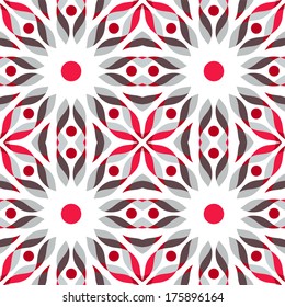 Abstract geometric pattern in red-grey-brown colors, with waves and dots. Seamless background. Vector illustration.