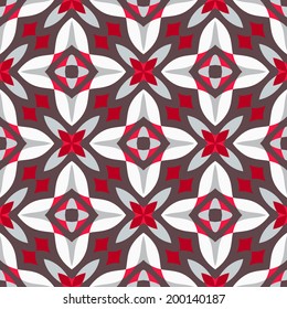 Abstract geometric pattern in red-grey-brown colors, with abstract flowers. Seamless background. Vector illustration.