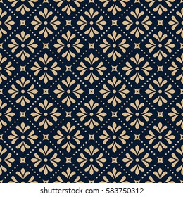 Abstract geometric pattern. Repeating seamless vector background. Dark blue and gold texture. Graphic floral pattern.