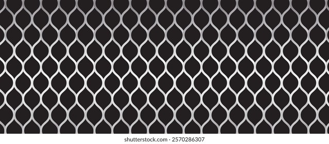 Abstract Geometric Pattern With Repeating White Shapes on Black Background. silver wire pattern