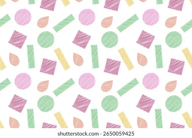 Abstract geometric pattern in rich color, reflecting creativity and fun. Triangles, circles, stripes on a white background. Vector illustration