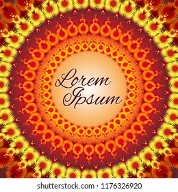 Abstract geometric pattern. Round yellow frame on red background. Template for party invitation, greeting card, postcard, birthday, Mother's Day, Woman's Day. Vector illustration. Place for text