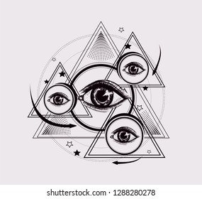 Abstract geometric pattern. Sacred geometry with all seeing eye, stars, arrow. Ancient pyramids. To be used for print t shirt and tatto art, coloring book pages.