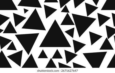 Padrão geométrico abstrato com triângulos pretos espalhados sobre fundo branco, modelo de design moderno sem costura para decoração, têxtil, papel de parede