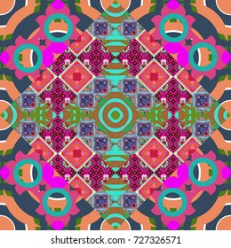 Abstract geometric pattern. Seamless geometric pattern. Geometric background with rhombus, dots and nodes. Beige, blue and magenta background. Colorful texture. Vector seamless pattern.