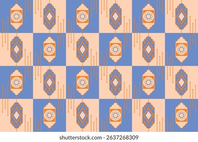 Abstract Geometric Pattern Seamless Checkerboard Design in Blue and Peach