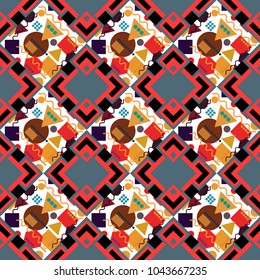 Abstract geometric pattern. Seamless geometric pattern. Colorful texture. Vector seamless pattern. Geometric background with rhombus, dots and nodes. Green, red and white background.