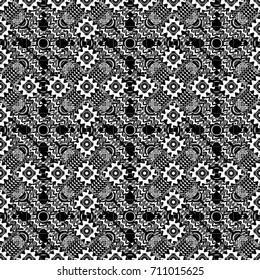 Abstract geometric pattern. Seamless geometric pattern. Colorful texture. Geometric background with rhombus, dots and nodes. Black, gray and white background. Vector seamless pattern.