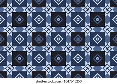 Abstract geometric pattern seamless, vector circle, triangle and square lines art design. Monochrome indigo blue pattern background. Idea for paper, cover, fabric, interior decor and other users.