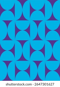 Abstract geometric pattern with semi-circles and triangles in blue and purple colors, flat graphic style, seamless repetitive layout on solid background. Vector illustration