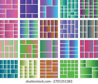 Abstract geometric pattern set with colorful gradients, arranged in a grid
