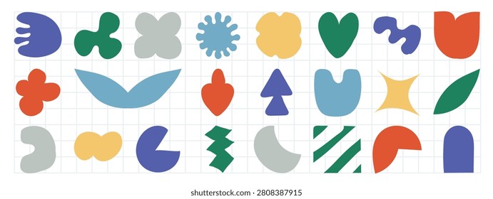 Abstract geometric pattern set. Vector colorful hand drawn freeform shape backgrounds with playful symbols and childlike illustration decorative graphic layouts