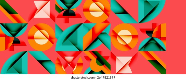 Abstract geometric pattern. Shapes overlap, creating vibrant visual texture. Orange, teal, peach colors dominate composition.