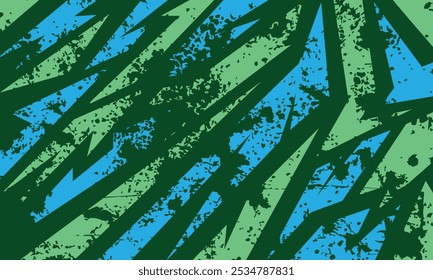 Abstrato padrão geométrico com formas agudas, angulares em verde, azul e preto, com uma textura grunge.