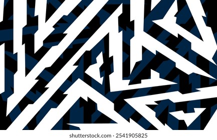 Abstrato padrão geométrico com formas agudas e angulares em preto, branco e azul escuro, criando uma composição visualmente impressionante e dinâmica.