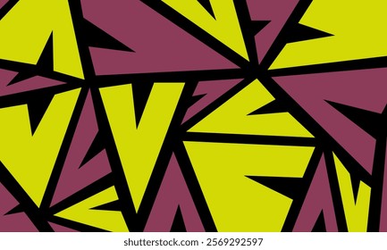 Abstract geometric pattern with sharp, angular shapes in yellow and maroon, outlined in black, creating a dynamic and visually striking design.