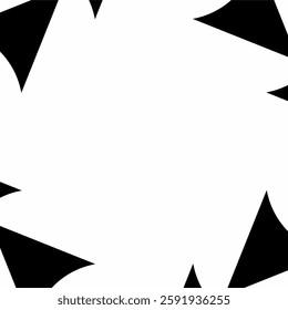 an abstract geometric pattern with sharp, angular black shapes around the edges, creating a striking frame-like effect on a white background.