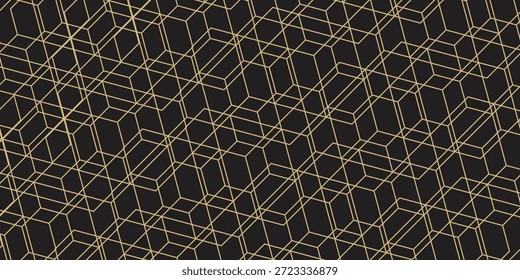 Um padrão geométrico abstrato com linhas douradas cintilantes formando uma grade intrincada de cubos tridimensionais e hexágonos interconectados sobre um fundo preto profundo, ideal para design luxuoso moderno.