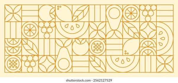 Abstract geometric pattern showcasing a variety of fruits beautifully rendered in a sleek Bauhaus style.